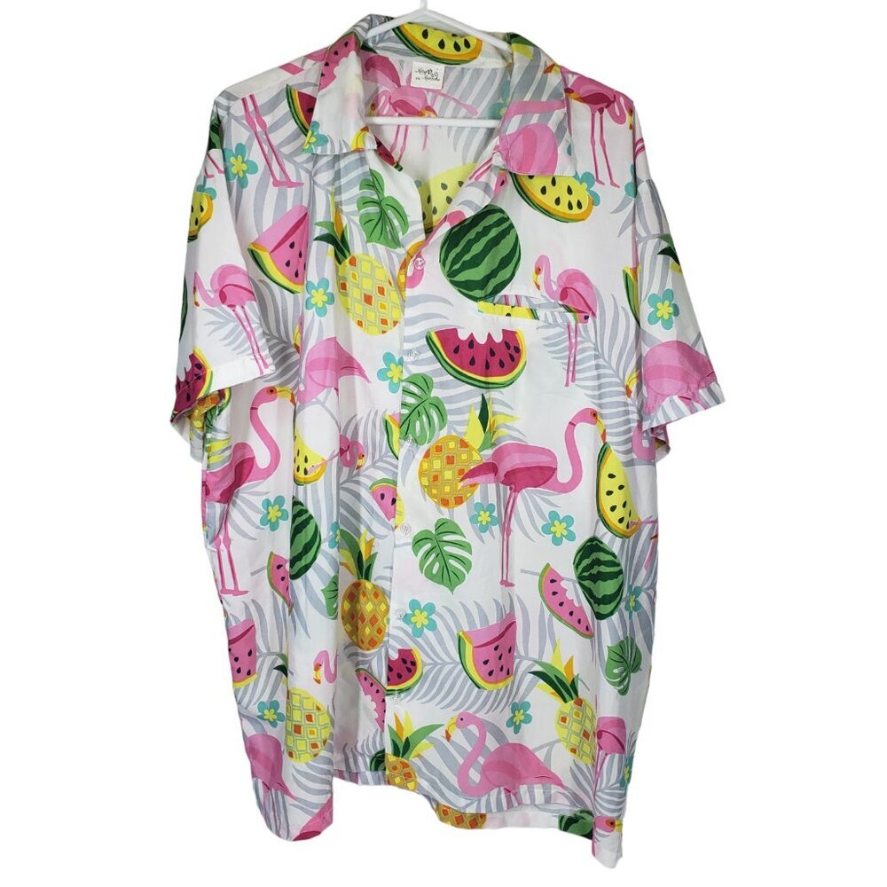King Kameha Short Sleeve  Hawaiian Shirt  Men's XXL Pink Flamingo Watermelon